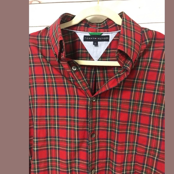 Tommy Hilfiger Button Large Red Green Plaid Shirt - Picture 3 of 5
